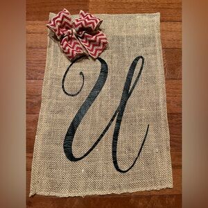 Burlap Garden Flag Monogram U with Red Chevron Bow